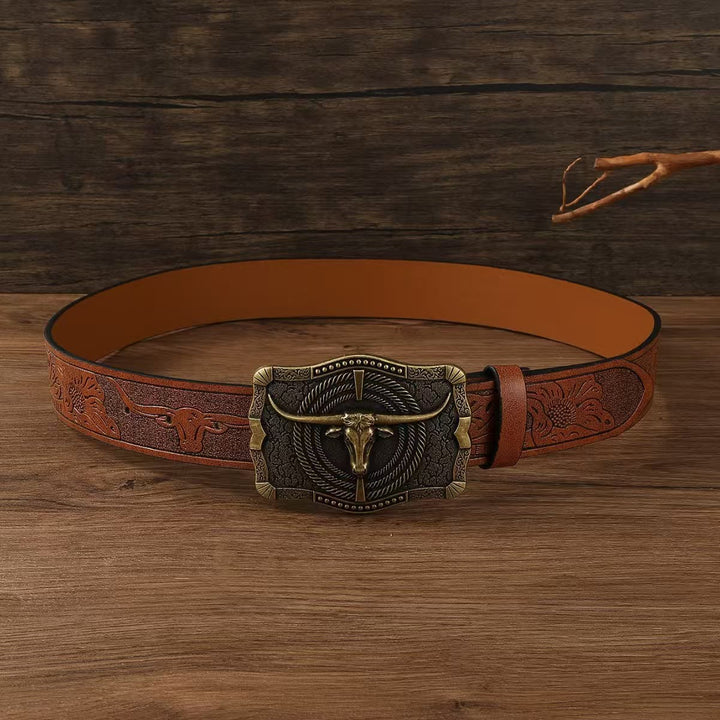 Ceinture en cuir gaufré avec boucle tête de taureau en bronze antique de style western - Tête de taureau - 42 - image 0
