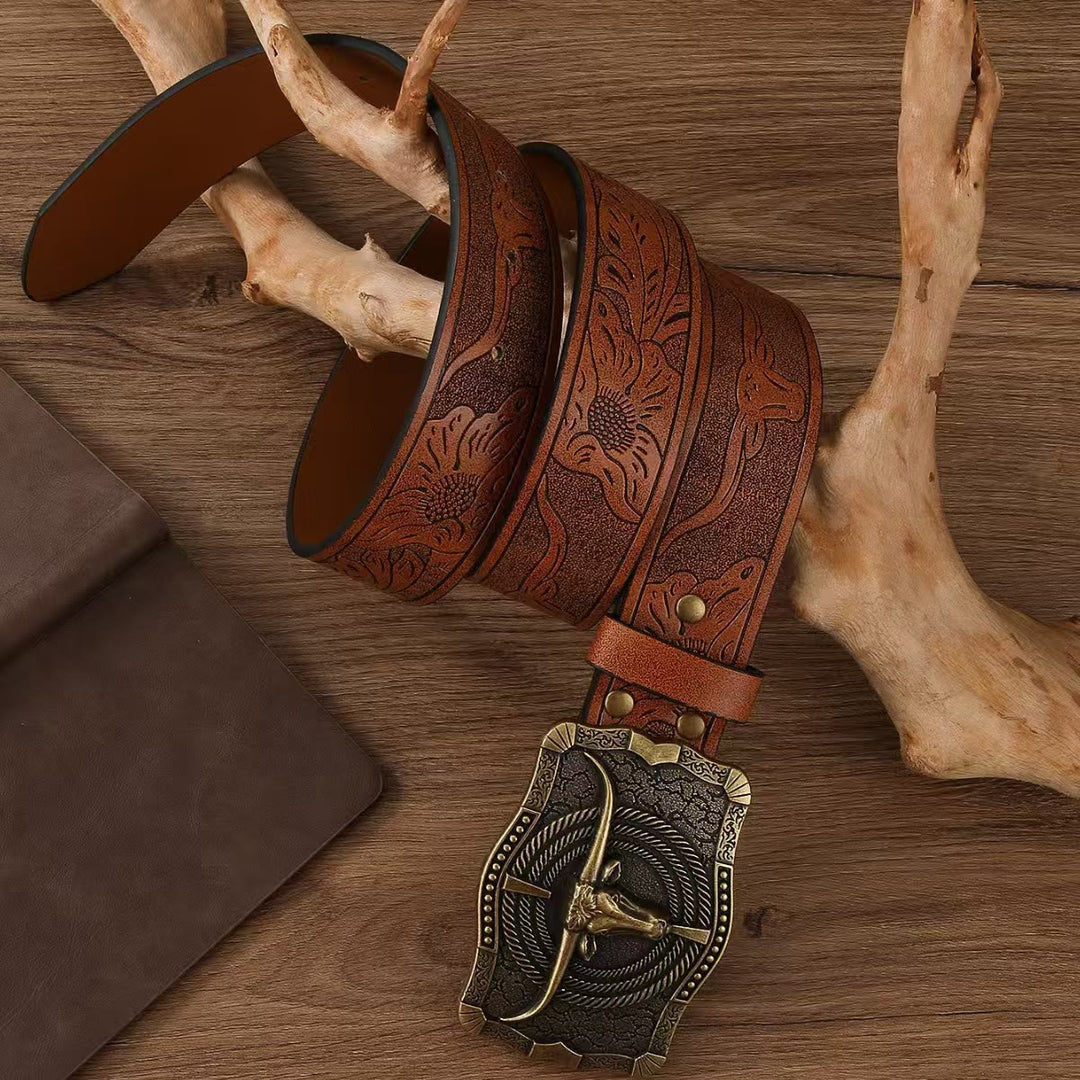 Ceinture en cuir gaufré avec boucle tête de taureau en bronze antique de style western - image 2