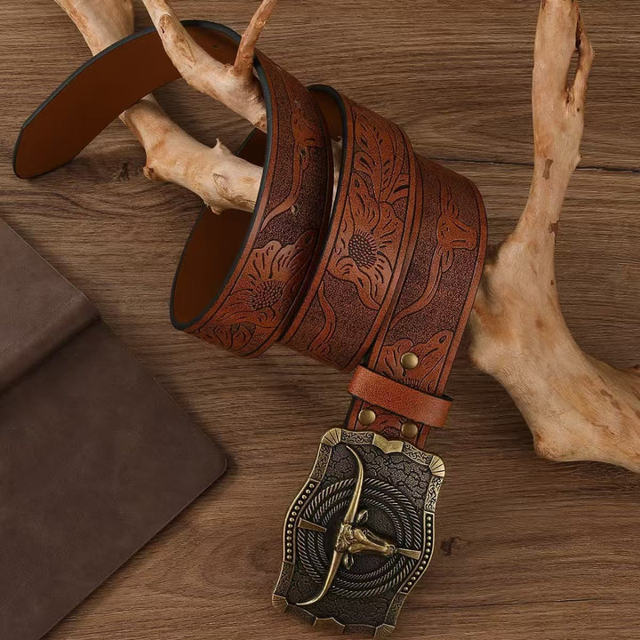 Ceinture en cuir gaufré avec boucle tête de taureau en bronze antique de style western - image 2