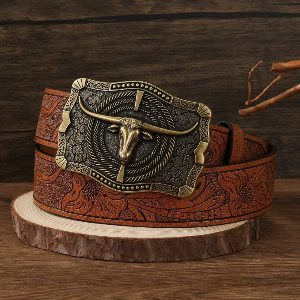 Ceinture en cuir gaufré avec boucle tête de taureau en bronze antique de style western - image 1