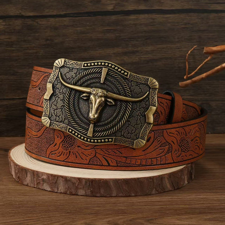Ceinture en cuir gaufré avec boucle tête de taureau en bronze antique de style western - image 1