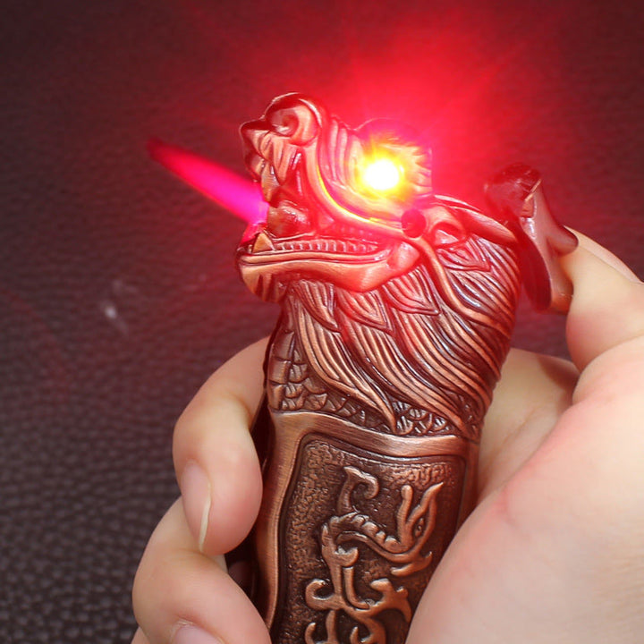 Briquet à butane coupe-vent avec motif tête de dragon antique en relief - image 2