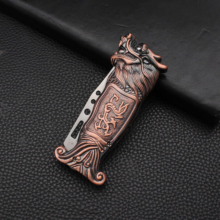 Briquet à butane coupe-vent avec motif tête de dragon antique en relief - Cuivre - image 1