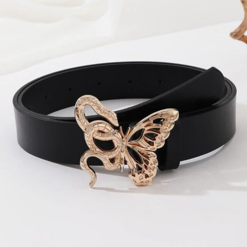 Ceinture en cuir noir avec boucle serpent sinueuse et papillon délicat - Or - 34 - image 0