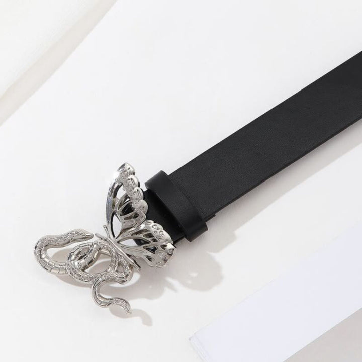 Ceinture en cuir noir avec boucle serpent sinueuse et papillon délicat - image 4