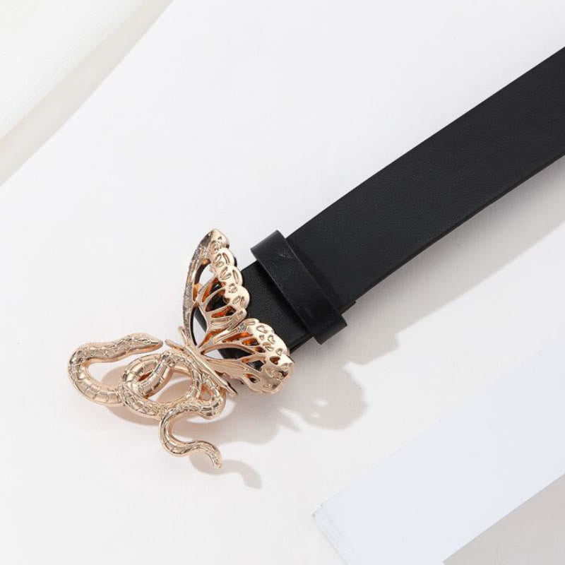 Ceinture en cuir noir avec boucle serpent sinueuse et papillon délicat - image 1
