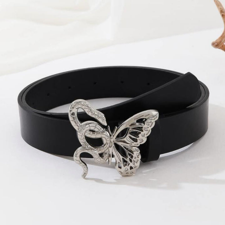 Ceinture en cuir noir avec boucle serpent sinueuse et papillon délicat - Argent - 34 - image 3