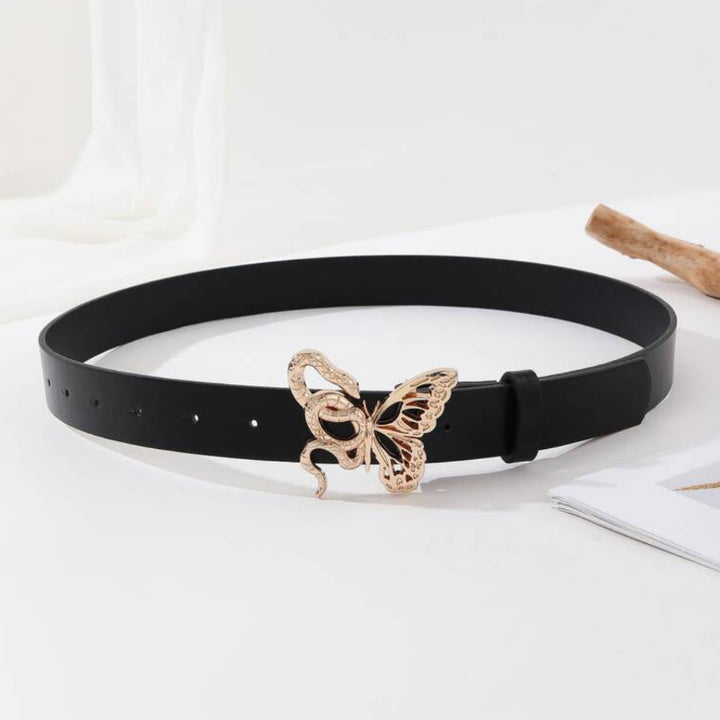 Ceinture en cuir noir avec boucle serpent sinueuse et papillon délicat - image 2