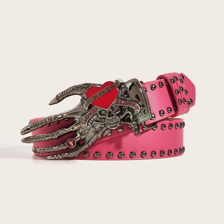 Ceinture en cuir cloutée avec griffes de squelette gothiques et crâne - Rose - 40 - image 8