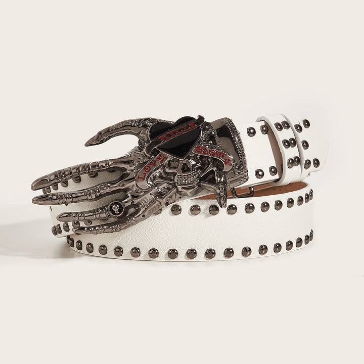 Ceinture en cuir cloutée avec griffes de squelette gothiques et crâne - Blanc - 40 - image 4