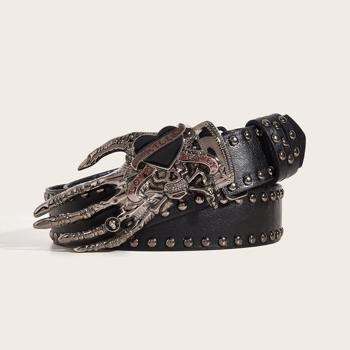 Ceinture en cuir cloutée avec griffes de squelette gothiques et crâne - Noir - 40 - image 0