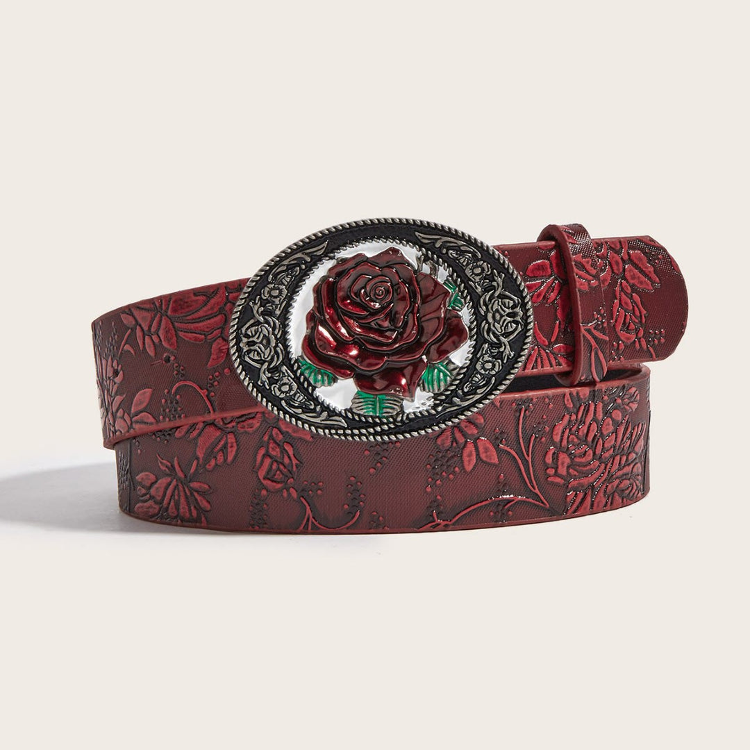Ceinture en cuir rouge sombre romantique à motif de roses en relief - Rouge foncé - 40 - image 0