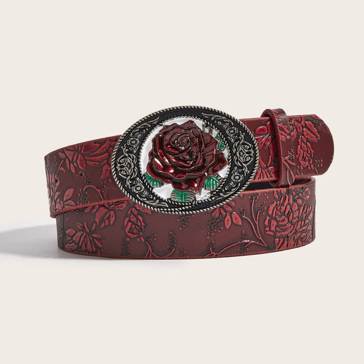 Ceinture en cuir rouge sombre romantique à motif de roses en relief - Rouge foncé - 40 - image 0