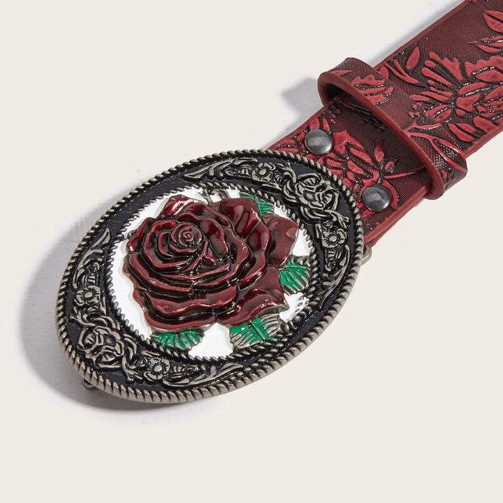 Ceinture en cuir rouge sombre romantique à motif de roses en relief - image 1