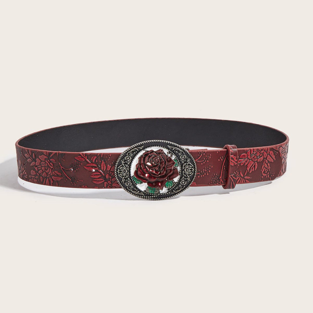 Ceinture en cuir rouge sombre romantique à motif de roses en relief - image 2