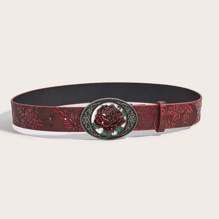 Ceinture en cuir rouge sombre romantique à motif de roses en relief - image 2
