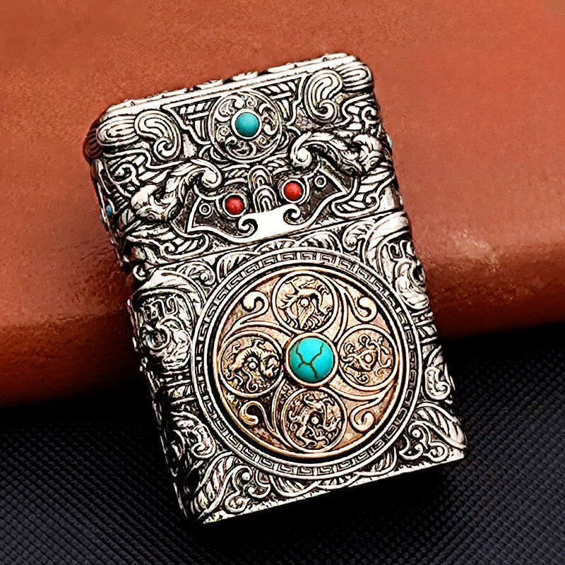 Briquet à pétrole turquoise à texture sculptée sur toute la surface - Argent - image 0
