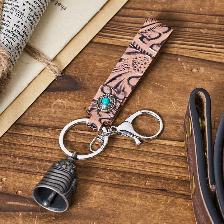 Porte-clés vintage en cuir gaufré avec clochette d'aigle de moto - image 8