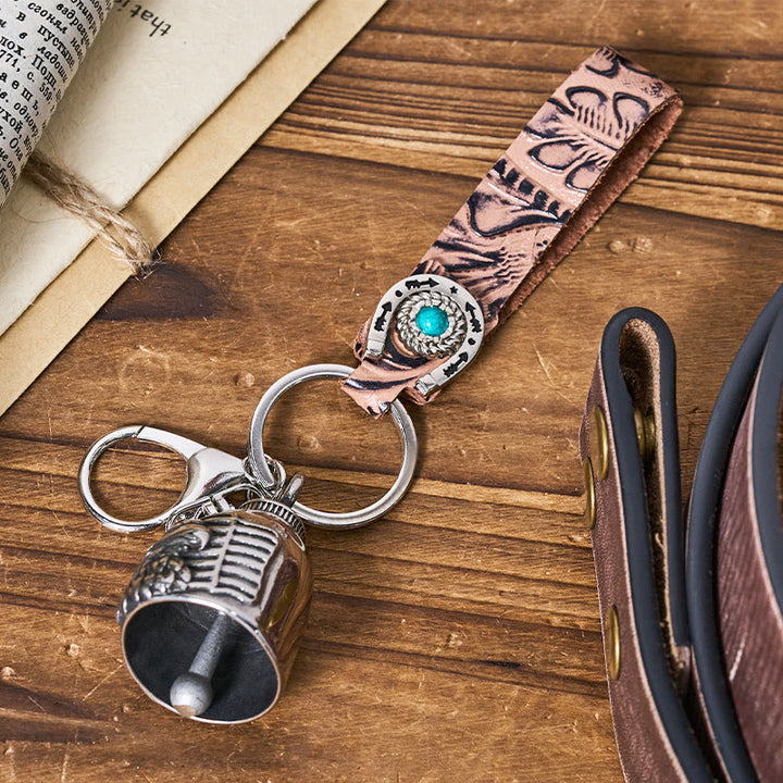 Porte-clés vintage en cuir gaufré avec clochette d'aigle de moto - image 2