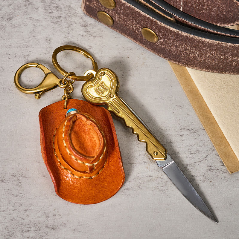 Porte-clés couteau pliant avec pendentif chapeau de cowboy rétro western - Orange - image 1