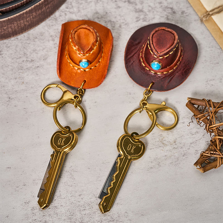 Porte-clés couteau pliant avec pendentif chapeau de cowboy rétro western - image 0