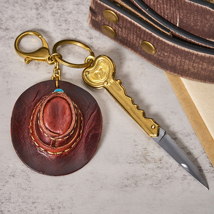 Porte-clés couteau pliant avec pendentif chapeau de cowboy rétro western - Café - image 3
