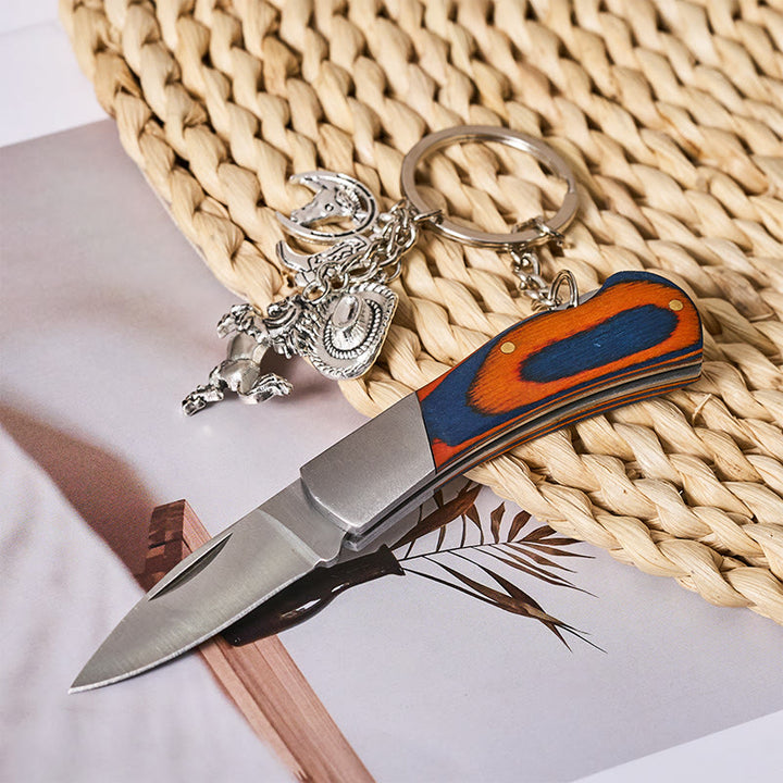 Couteau pliant en bois argenté avec porte-clés cheval et chapeau de cowboy - Argent - image 0