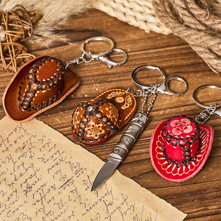 Couteau pliant western argenté, pendentif chapeau de cowboy, porte-clés - image 0