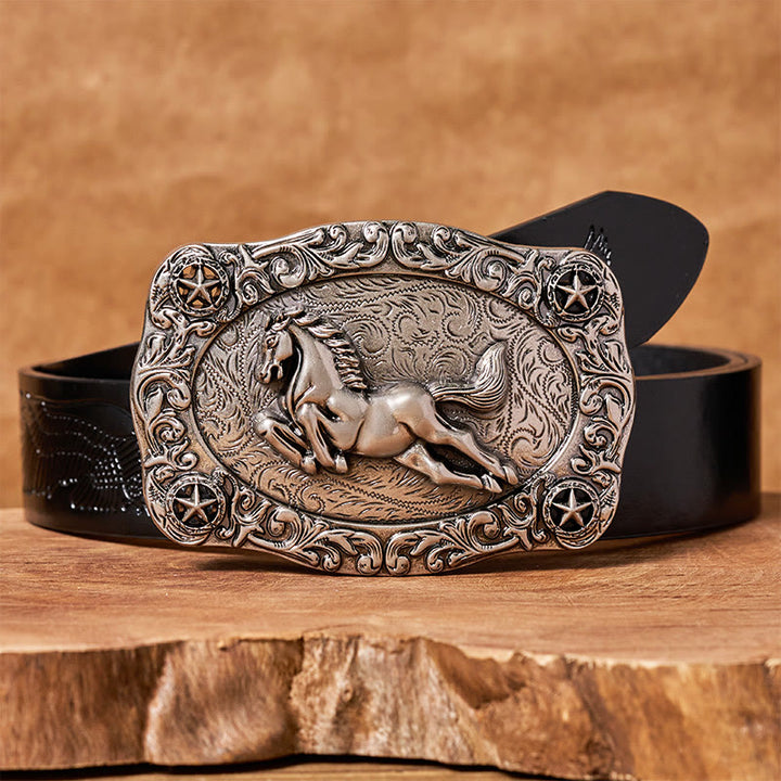 Ceinture en cuir pour homme avec boucle argentée représentant un cheval au galop et des étoiles - Ceinture noire à motif aigle en relief - 42 - image 2