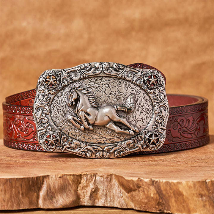 Ceinture en cuir pour homme avec boucle argentée représentant un cheval au galop et des étoiles - Ceinture sculptée marron - 42 - image 6