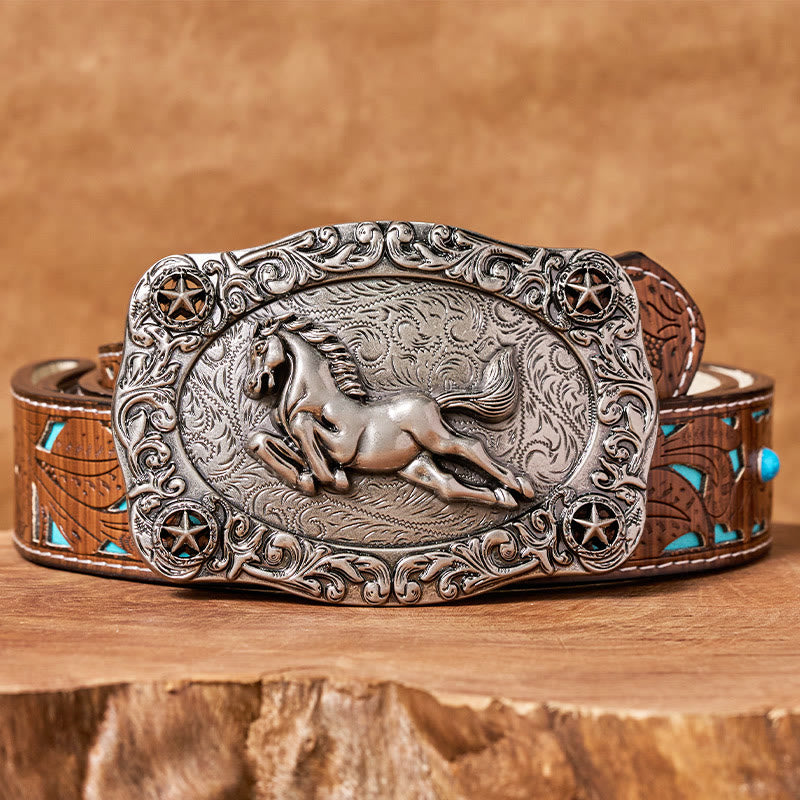 Ceinture en cuir pour homme avec boucle argentée représentant un cheval au galop et des étoiles - Ceinture turquoise sculptée - 42 - image 3