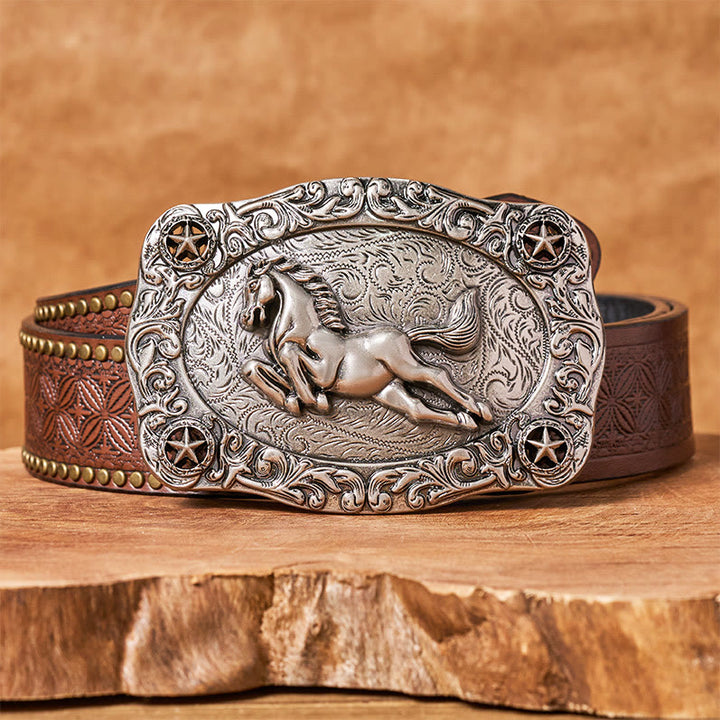 Ceinture en cuir pour homme avec boucle argentée représentant un cheval au galop et des étoiles - Ceinture à rivets marron - 42 - image 4