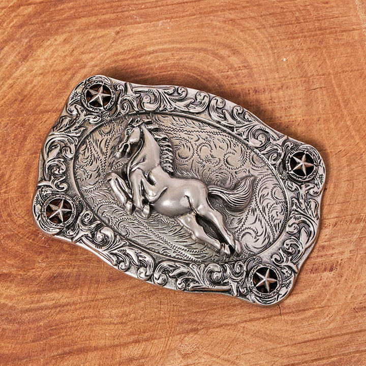 Ceinture en cuir pour homme avec boucle argentée représentant un cheval au galop et des étoiles - image 1