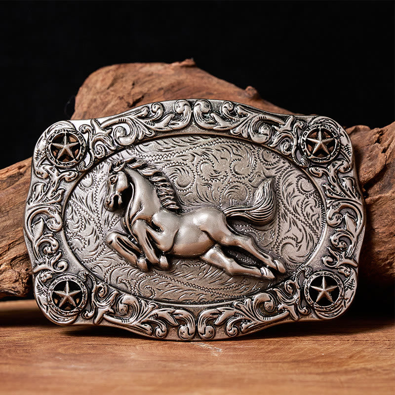 Ceinture en cuir pour homme avec boucle argentée représentant un cheval au galop et des étoiles - Sans ceinture - Ceinture non incluse - image 0