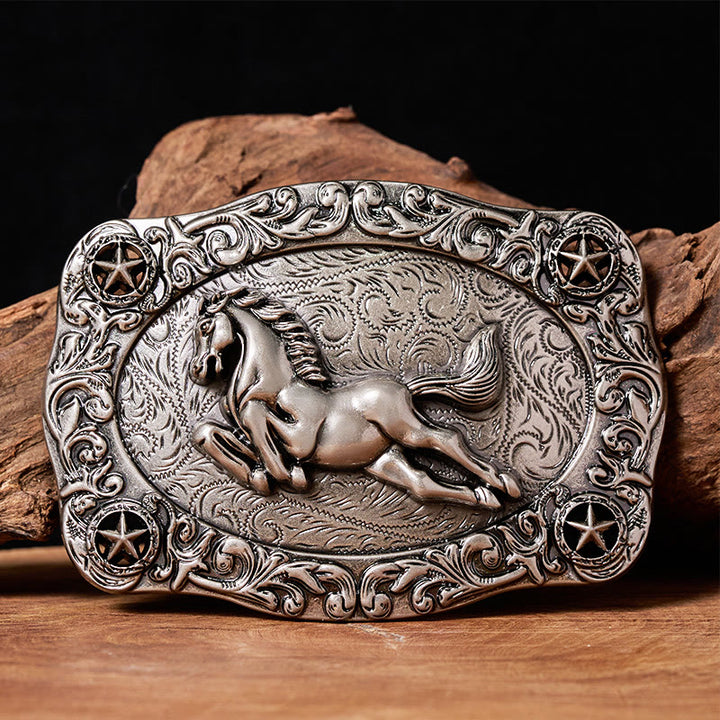 Ceinture en cuir pour homme avec boucle argentée représentant un cheval au galop et des étoiles - Sans ceinture - Ceinture non incluse - image 0