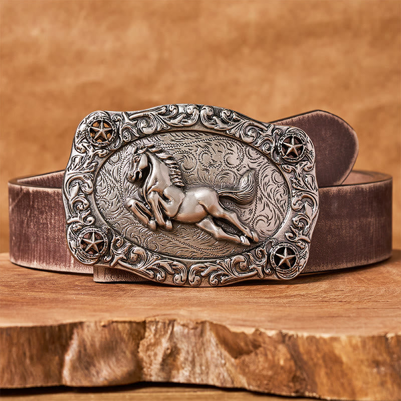 Ceinture en cuir pour homme avec boucle argentée représentant un cheval au galop et des étoiles - Ceinture marron vieillie - 42 - image 5