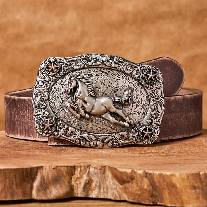 Ceinture en cuir pour homme avec boucle argentée représentant un cheval au galop et des étoiles - Ceinture marron vieillie - 42 - image 5