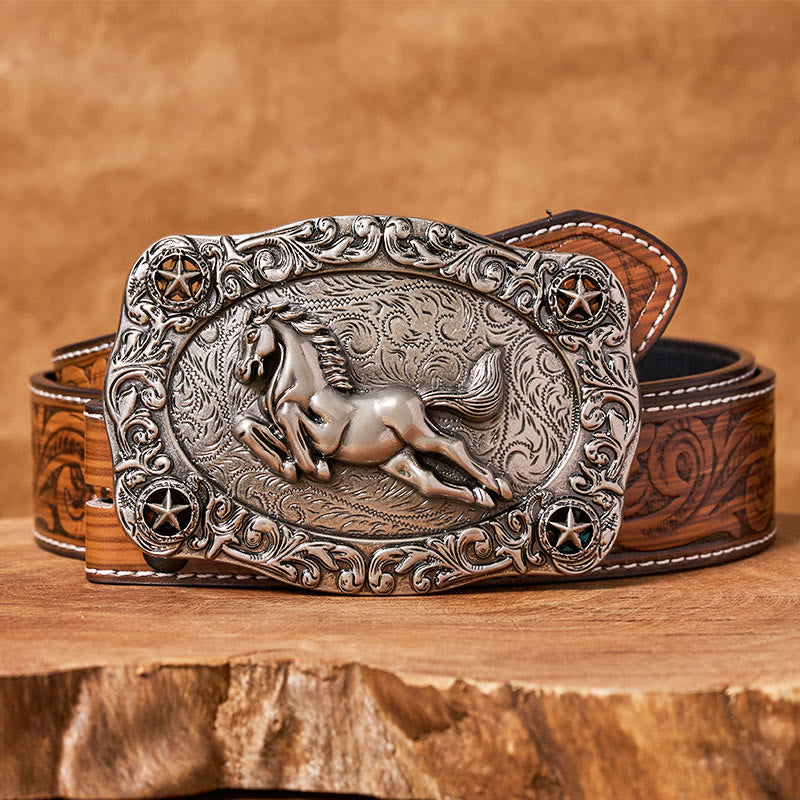 Ceinture en cuir pour homme avec boucle argentée représentant un cheval au galop et des étoiles - Ceinture de plumes brunes - 40 - image 7