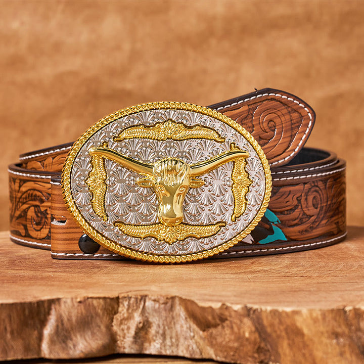 Ceinture en cuir pour homme avec boucle ovale Longhorn Bullhead dorée et argentée - Ceinture de plumes brunes - 40 - image 7