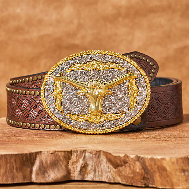 Ceinture en cuir pour homme avec boucle ovale Longhorn Bullhead dorée et argentée - Ceinture à rivets marron - 42 - image 4