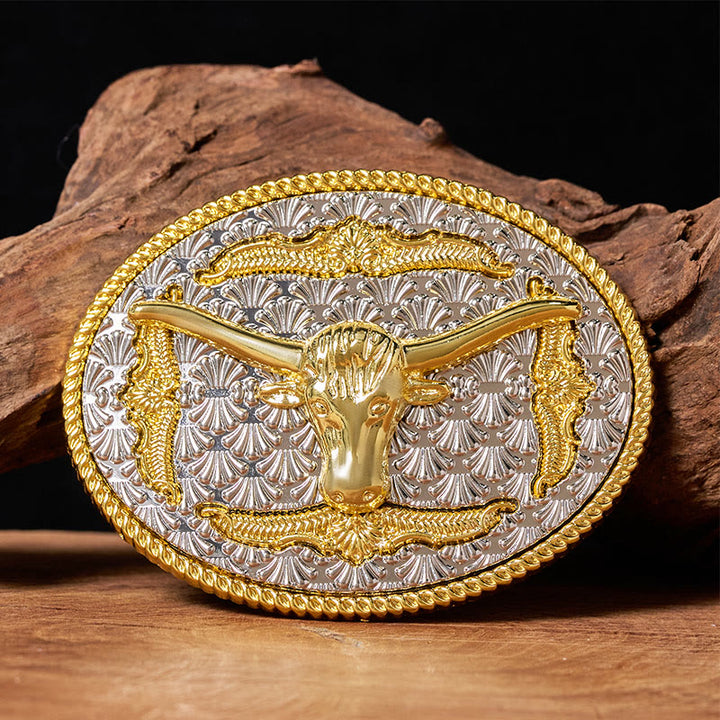 Ceinture en cuir pour homme avec boucle ovale Longhorn Bullhead dorée et argentée - Sans ceinture - Ceinture non incluse - image 0