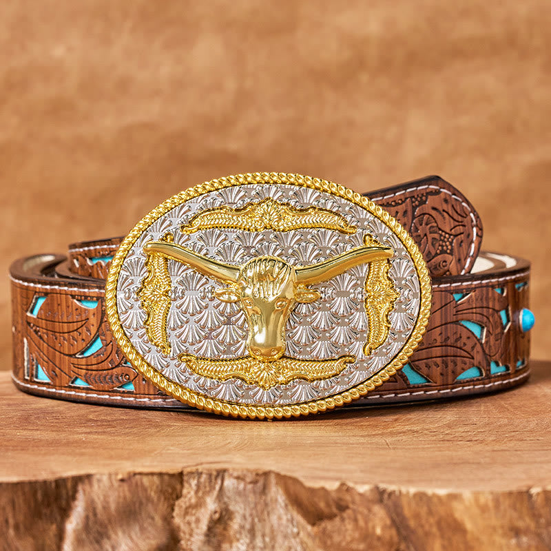 Ceinture en cuir pour homme avec boucle ovale Longhorn Bullhead dorée et argentée - Ceinture turquoise sculptée - 42 - image 3