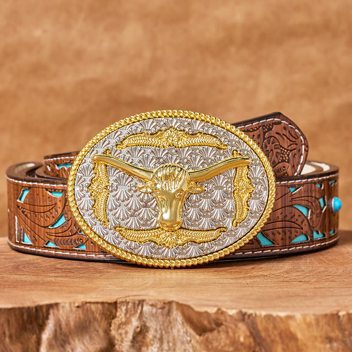 Ceinture en cuir pour homme avec boucle ovale Longhorn Bullhead dorée et argentée - Ceinture turquoise sculptée - 42 - image 3