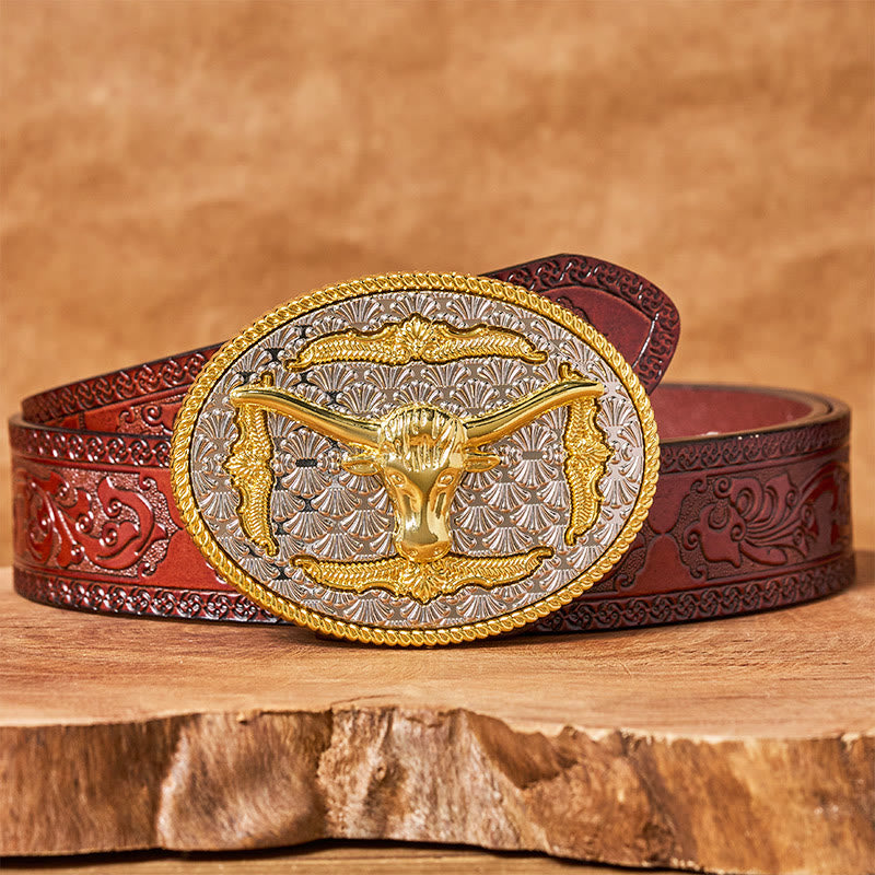 Ceinture en cuir pour homme avec boucle ovale Longhorn Bullhead dorée et argentée - Ceinture sculptée marron - 42 - image 6