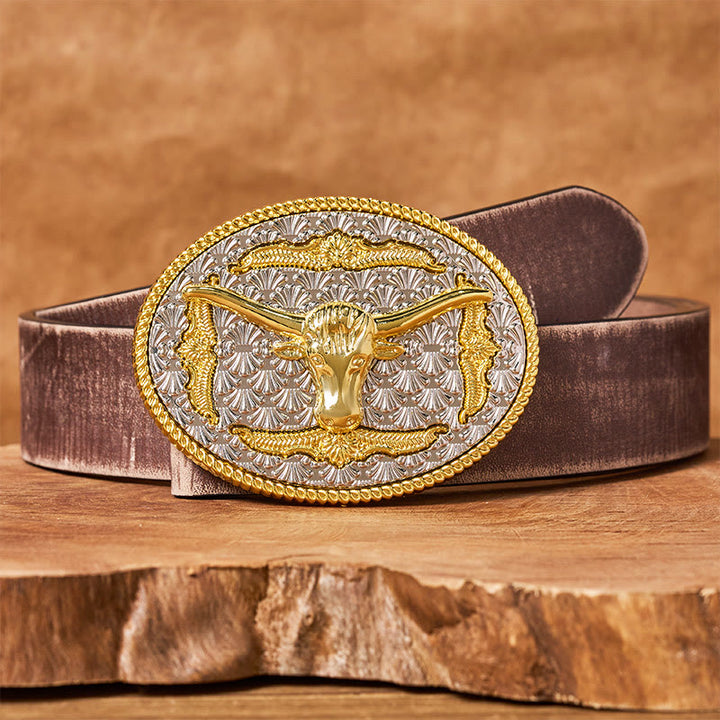 Ceinture en cuir pour homme avec boucle ovale Longhorn Bullhead dorée et argentée - Ceinture marron vieillie - 42 - image 5