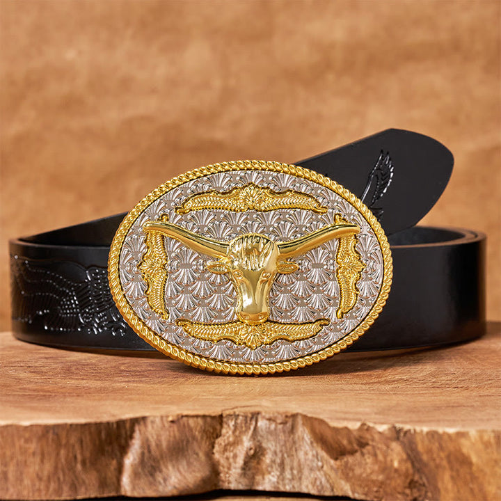 Ceinture en cuir pour homme avec boucle ovale Longhorn Bullhead dorée et argentée - Ceinture noire à motif aigle en relief - 42 - image 2