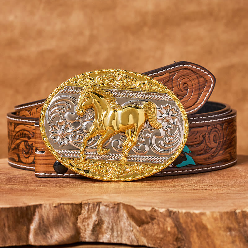 Ceinture en cuir pour homme avec boucle ovale représentant un cheval au galop, or et argent - Ceinture de plumes brunes - 40 - image 7