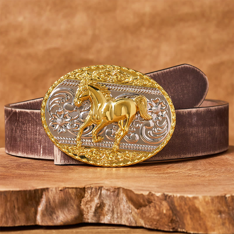 Ceinture en cuir pour homme avec boucle ovale représentant un cheval au galop, or et argent - Ceinture marron vieillie - 42 - image 5