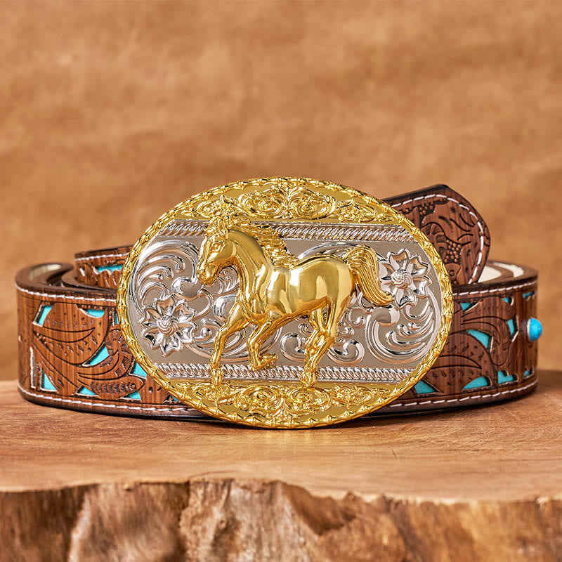 Ceinture en cuir pour homme avec boucle ovale représentant un cheval au galop, or et argent - Ceinture turquoise sculptée - 42 - image 3