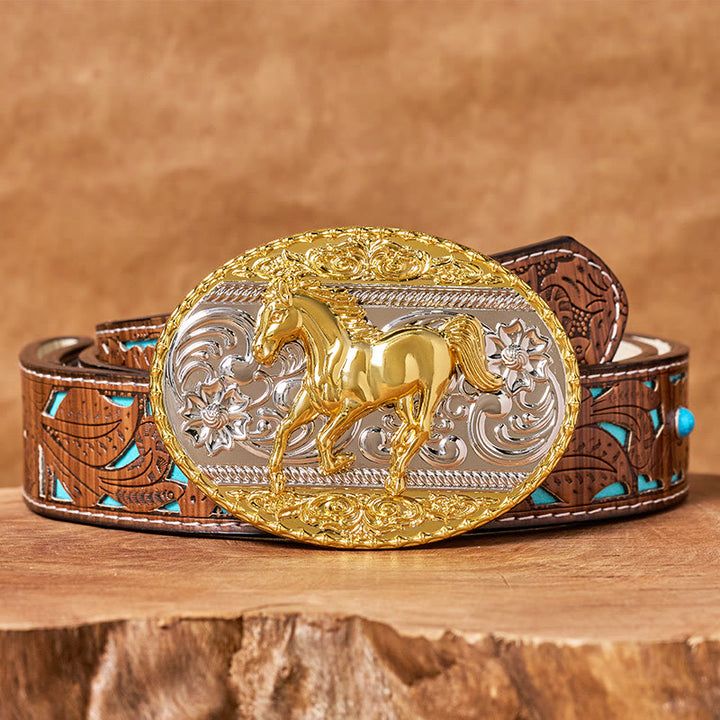 Ceinture en cuir pour homme avec boucle ovale représentant un cheval au galop, or et argent - Ceinture turquoise sculptée - 42 - image 3